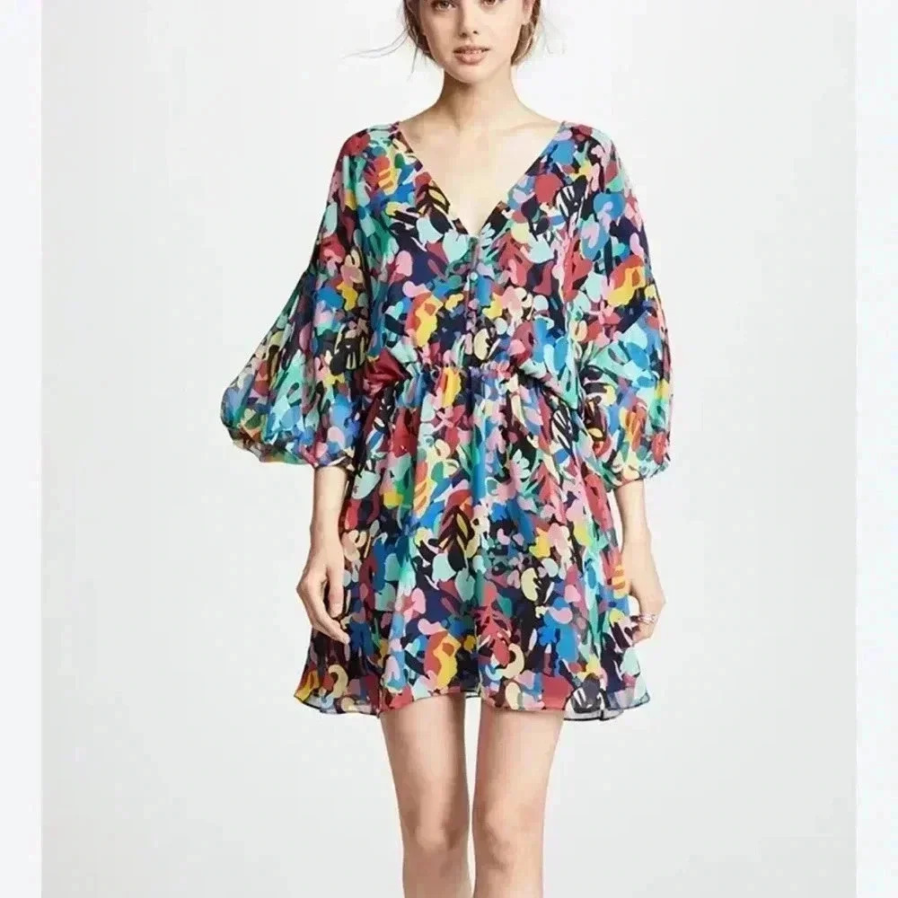 Saloni Nikki Abstract silk crepe wing sleeve mini dress